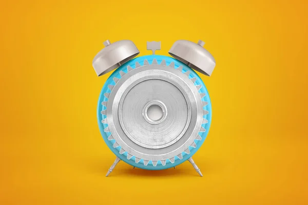 3d rendering of gear wheel in blue alarm clock on yellow background