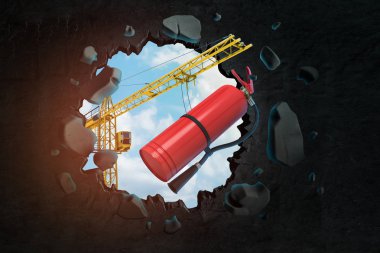 İnşaat vinç ve kırmızı köpük yangın söndürücü siyah duvar kırma 3d render