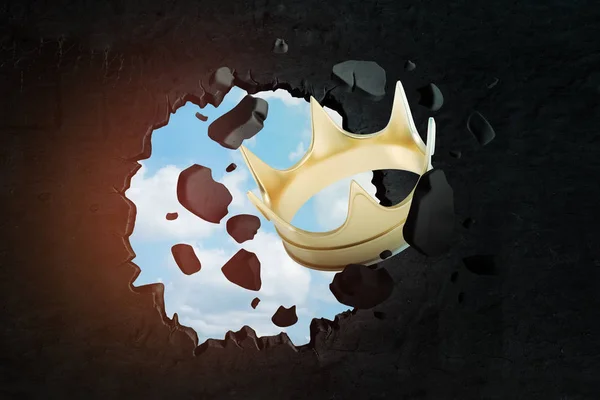 黒い壁を破る黄金の王冠の3Dレンダリング — ストック写真