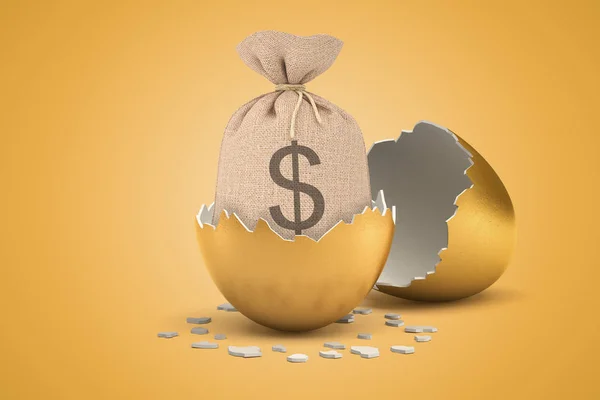 3d rendering of money sack hatching out of golden egg on yellow background