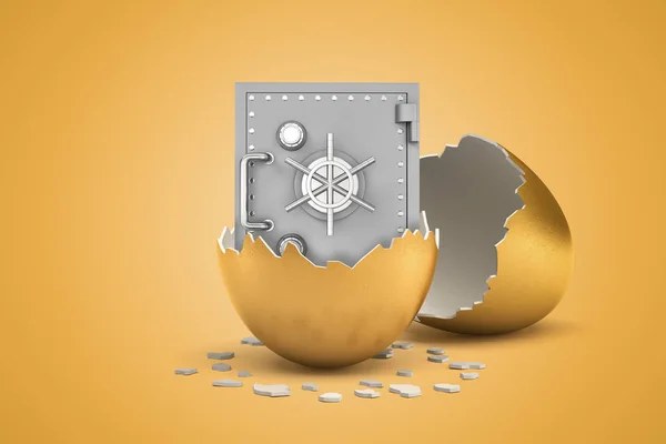 3d rendering of closed light-grey safe that just hatched out from golden egg.