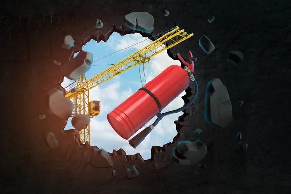 İnşaat vinç ve kırmızı köpük yangın söndürücü siyah duvar kırma 3d render