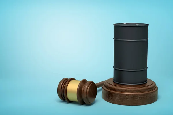 3d representación de barril de combustible negro en bloque de madera redonda y martillo de madera marrón sobre fondo azul — Foto de Stock