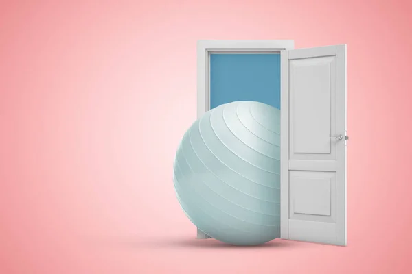 3d 渲染大白色瑜伽球从粉红色复制空间背景打开的门出现. — 图库照片