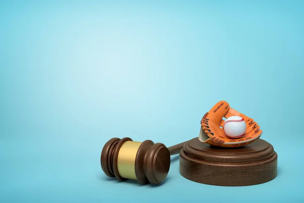 3D απόδοση του μπέιζμπολ και γάντι του μπέιζμπολ που βρίσκεται σε μπλοκ κρούση με δικαστή σφυρί δίπλα στο γαλάζιο φόντο. — Φωτογραφία Αρχείου