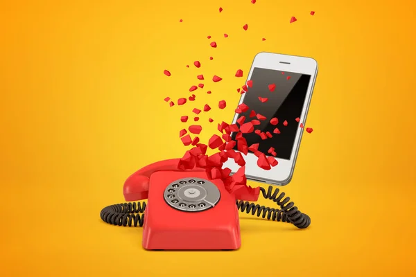 3D renderização de telefone wireline vermelho quebrando em pedaços e smartphone moderno branco atrás dele no fundo âmbar . — Fotografia de Stock