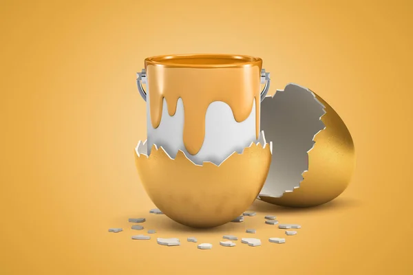3d rendering di lattina aperta piena di vernice dorata che appena nato da uovo d'oro . — Foto Stock