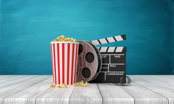 3d rendering of pop corn bucket, film reel, and clapperboard standing on wooden floor near blue wall. — Stock Photo, Image