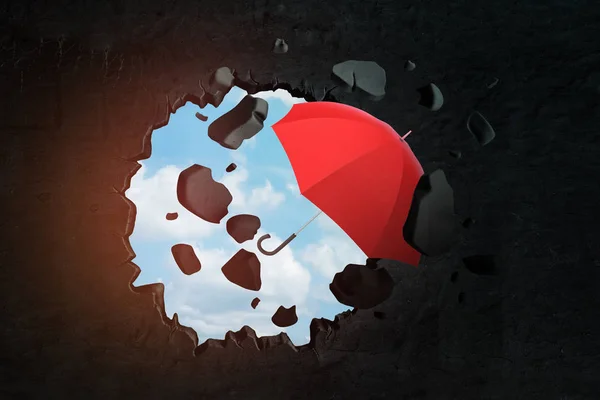 黒い壁を壊す赤い傘の3Dレンダリング — ストック写真