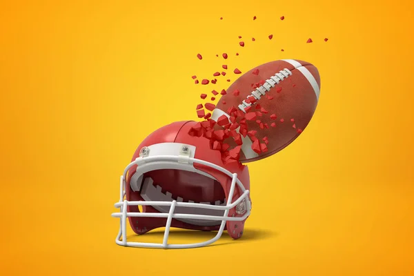 3d rendu d'un casque de football américain rouge et boule éclatant en petits morceaux sur fond jaune — Photo