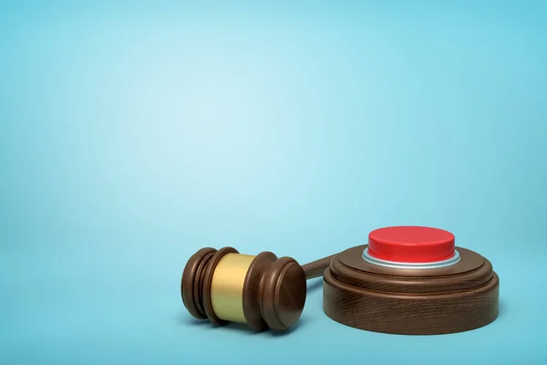 3d representación de botón rojo en bloque de madera redonda y martillo de madera marrón sobre fondo azul — Foto de Stock