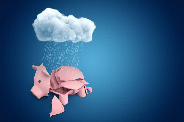 3d rendering of broken pink piggy bank under rainy white cloud on blue background