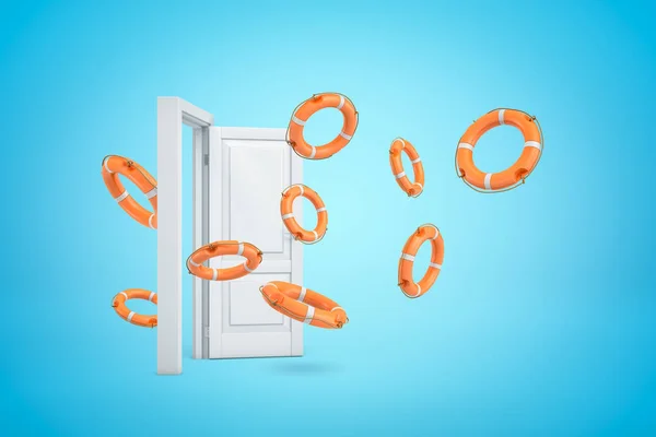 3d representación de anillos de boya de vida naranja volando a través de la puerta blanca sobre fondo azul — Foto de Stock