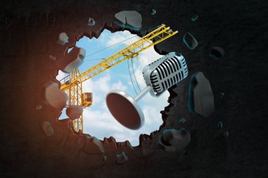 Metal mikrofon taşıyan kaldırma vinç 3d render ve delik görülen mavi gökyüzü ile siyah duvar açarpışma.