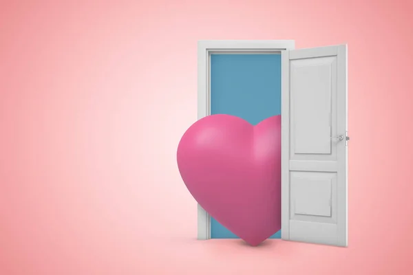 3D απόδοση μιας λευκής ανοιχτής πόρτας με ροζ καρδιά σε ανοιχτό ροζ φόντο — Φωτογραφία Αρχείου