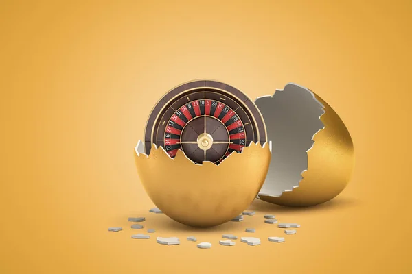 3d rendering of casino wheel that just hatched out from golden egg. — Stock Photo, Image