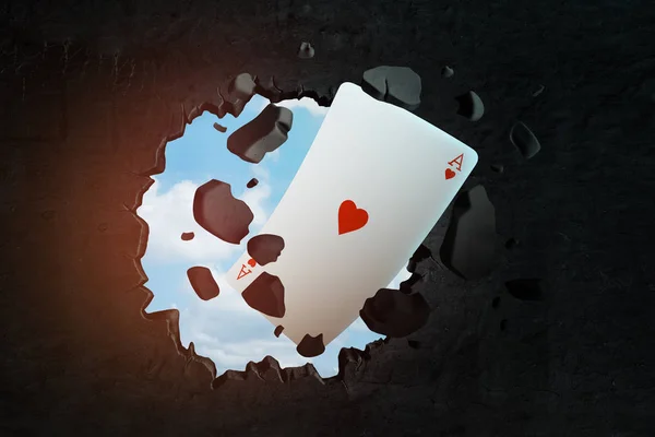 3d renderização de jogar ace coração cartão quebrando parede preta — Fotografia de Stock