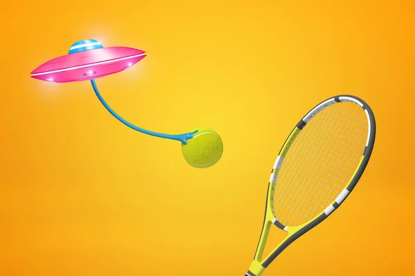 Renderowanie 3D różowe UFO prowadzenie piłki tenisowej, pływające przeciw bursztynowym tle z rakieta tenisowa na pierwszym planie. — Zdjęcie stockowe