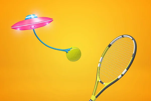 3D-rendering av Pink UFO som transporterar tennisboll, flyger mot Amber bakgrund med tennisracket i förgrunden. — Stockfoto