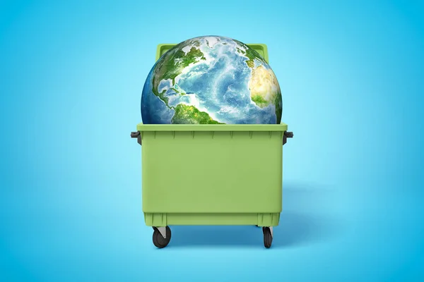 3d rendering of earth globe in green trash bin on blue background — Stock Photo, Image