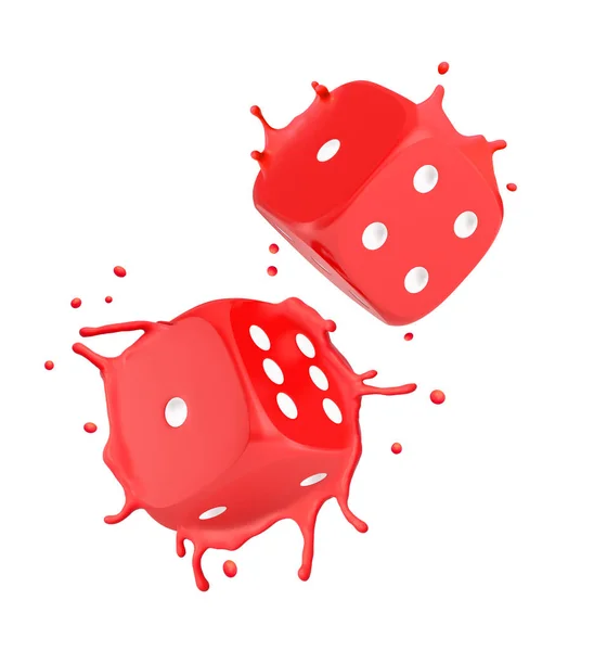 3d close-up rendering of two red melting dice splashing red plastic around isolated on white background. — Stock Photo, Image