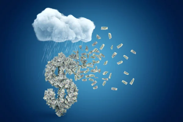 3D-rendering van Big dollar-symbool gevormd met veel bankbiljetten die al zijn begonnen te vliegen, onder regent Cloud op blauwe gradiënt achtergrond. — Stockfoto