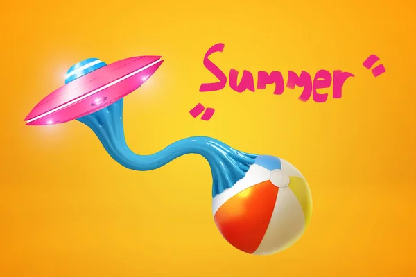 3D renderelés a kék ragadós gumi ragadt rózsaszín fém UFO és színes strandlabda nyári jel sárga háttér — Stock Fotó