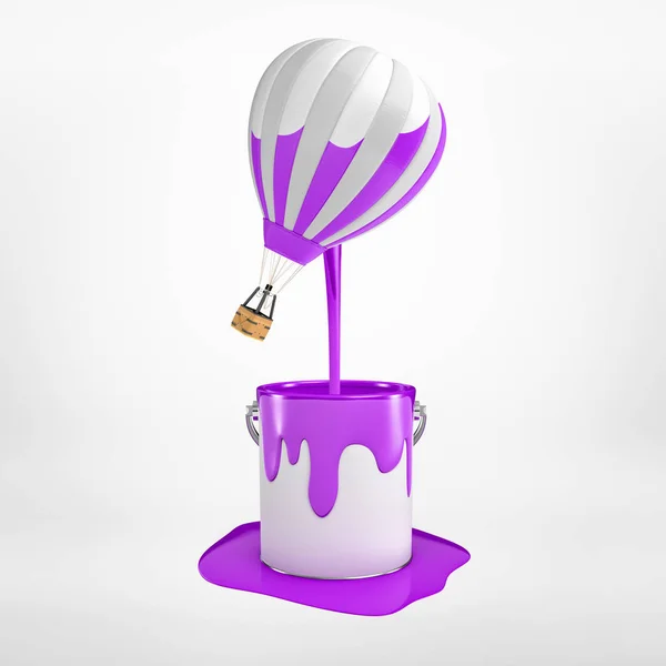 3D-Darstellung eines Heißluftballons, der in violette Farbe getaucht wurde und mit halbfarbigen Streifen in der Luft schwebt, Farbe tropft herunter, auf hellem Hintergrund. — Stockfoto