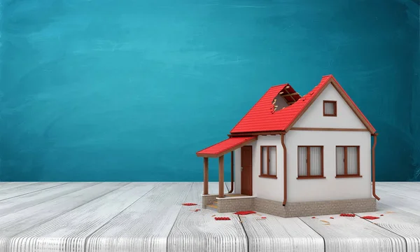 3d representación de una casa blanca privada con techo rojo dañado sobre piso de madera blanca y fondo turquesa oscuro —  Fotos de Stock