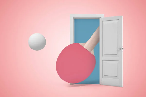 분홍색 배경에 열린 문에서 나오는 큰 탁구 라켓과 공의 3D 렌더링. — 스톡 사진