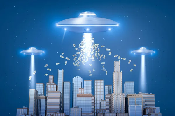 3d representación de tres ufo de metal plateado sobre rascacielos de la ciudad con dólares en el aire sobre fondo de cielo azul — Foto de Stock