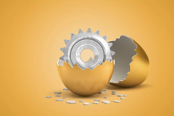 Rendering 3d della ruota dentata in metallo che si è appena schiusa dall'uovo d'oro . — Foto Stock