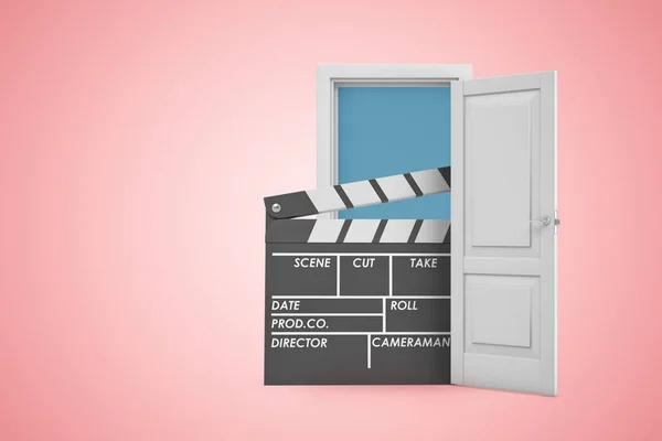 3d rendering of white open doorway with movie clapper on light pink background