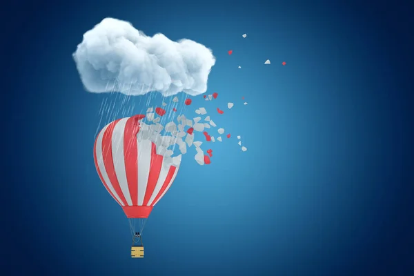 3D renderização de balão de ar quente listrado que começou a quebrar em pedaços sob a nuvem chuvosa no fundo azul copyspace . — Fotografia de Stock