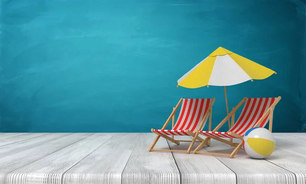 흰색 나무 바닥과 어두운 청록색 배경에 무지개 비치 볼과 해변 의자와 우산의 3D 렌더링 — 스톡 사진