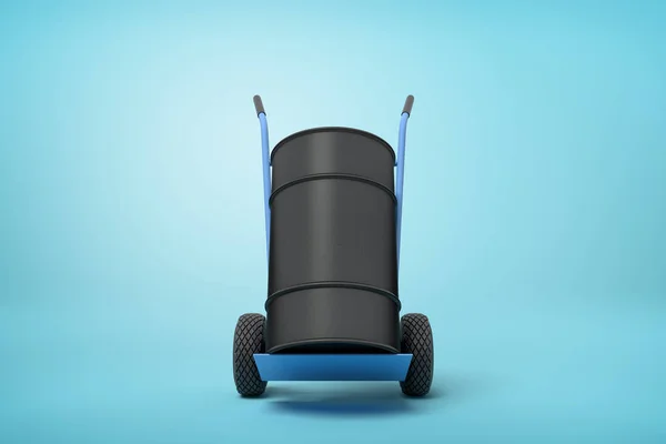 3d representación de barril negro de pie en la parte superior del camión de mano azul sobre fondo azul claro . — Foto de Stock