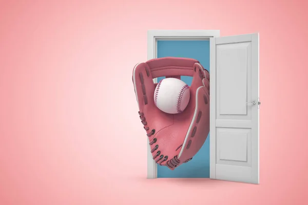 Rendering 3d sarung tangan bisbol besar dengan bisbol muncul dari pintu terbuka pada latar belakang gradien merah muda . — Stok Foto