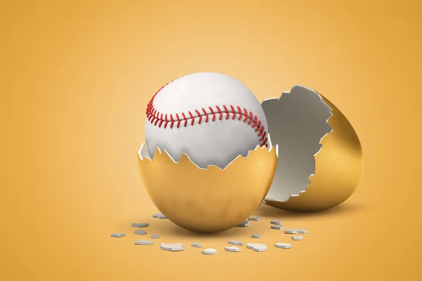 3D-rendering av vit baseball boll kläckning av guldägg på gul bakgrund — Stockfoto