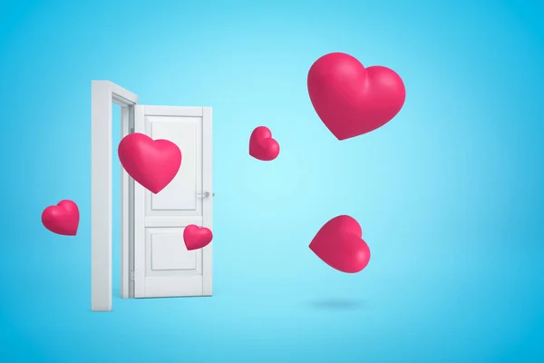 3d representación de varios corazones rosados volando fuera de la puerta blanca abierta sobre fondo azul claro . — Foto de Stock