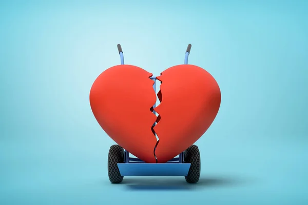 3d renderização de quebrado grande coração vermelho em um caminhão de mão no fundo azul — Fotografia de Stock