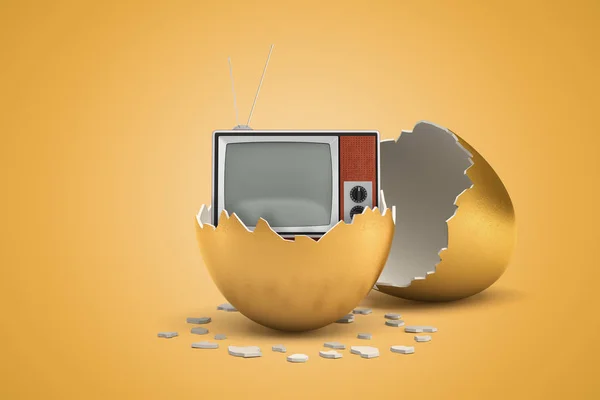 3D-rendering van retro TV-set die net uit het gouden ei is uitgekomen. — Stockfoto