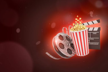 Kopya alanı ile kırmızı bokeh arka plan üzerinde retro film makara, pop mısır kova ve clapperboard 3d render.