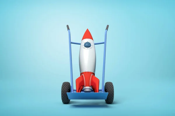 コピースペースを持つ水色の背景に半分旋回して立っている青いハンドトラック上のおもちゃのスペースロケットの3Dレンダリング. — ストック写真