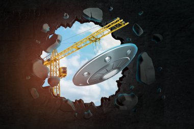 Ufo taşıyan kaldırma vinç 3d render ve mavi gökyüzü ile delik bırakarak siyah duvar kırma.