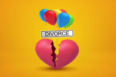 Renkli balonlar ve sarı arka plan üzerinde Boşanma işareti ile kırık kalp 3d render