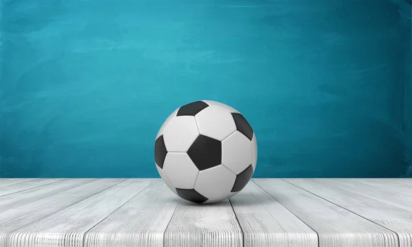 3d renderização de bola de futebol no chão de madeira branco e fundo azul-turquesa escuro — Fotografia de Stock