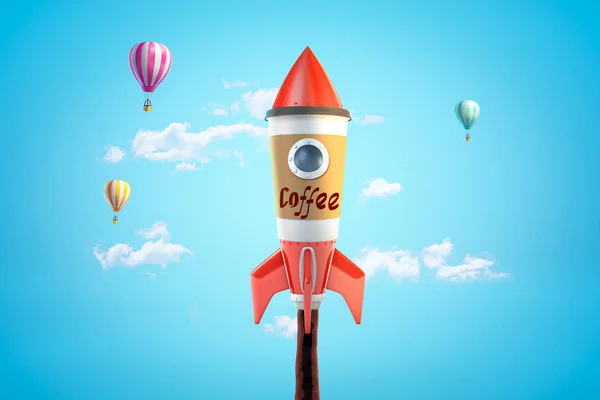 3D-rendering van Toy Rocket gemaakt van koffie kopje omhoog in blauwe lucht met hete lucht ballonnen in de achtergrond. — Stockfoto