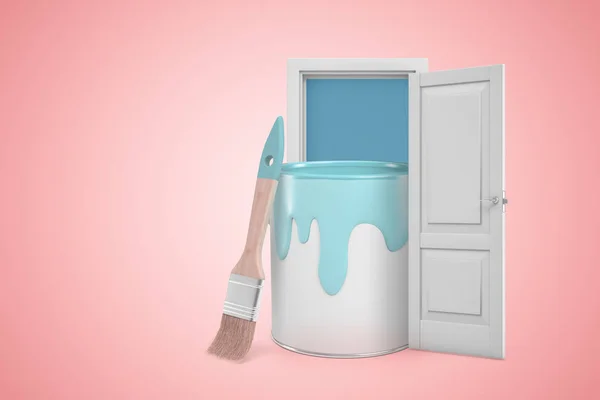 3d renderização de enorme lata de tinta azul e escova emergindo de porta aberta no fundo copyspace gradiente rosa . — Fotografia de Stock