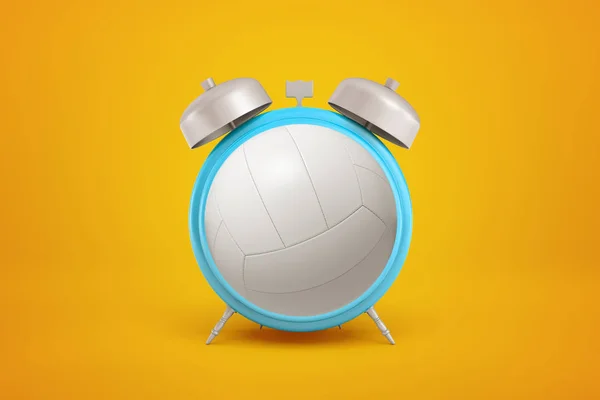 3d representación de la bola de voleibol en forma de reloj despertador sobre fondo amarillo — Foto de Stock