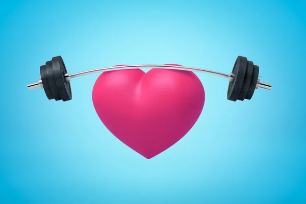 3d representación de corazón rosa con barra de entrenamiento de metal campana sobre fondo azul — Foto de Stock